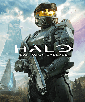 Master Chief in green Mjolnir armour holding a pistol, with a Halo ring and forest landscape behind him.