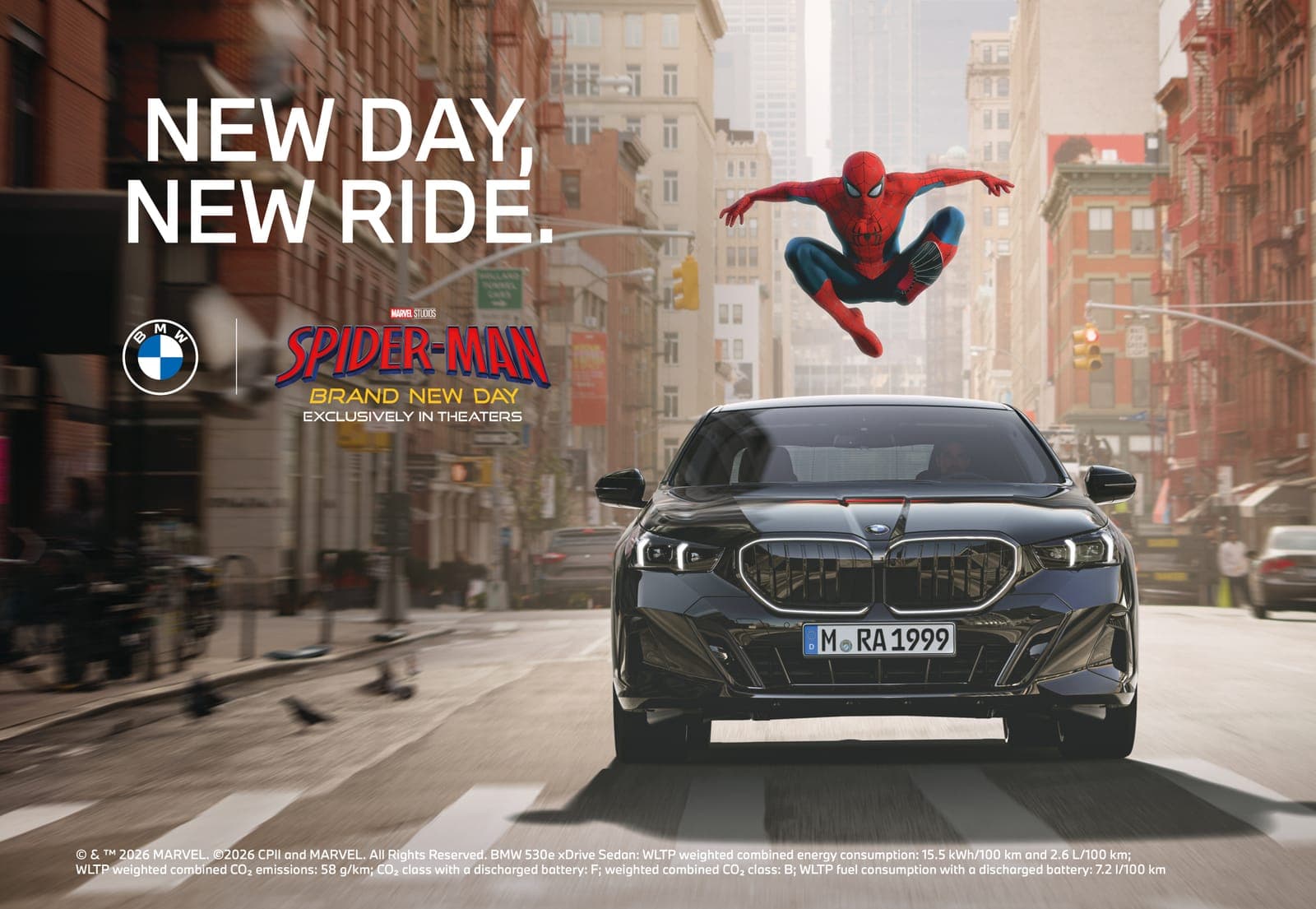 A BMW driving down a city street with Spider-Man leaping above it, captioned New Day New Ride.