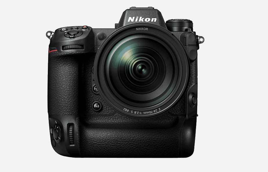 A Nikon Z9 professional mirrorless camera body fitted with a Nikkor Z 24-70mm f/2.8 S lens, shown front-on.