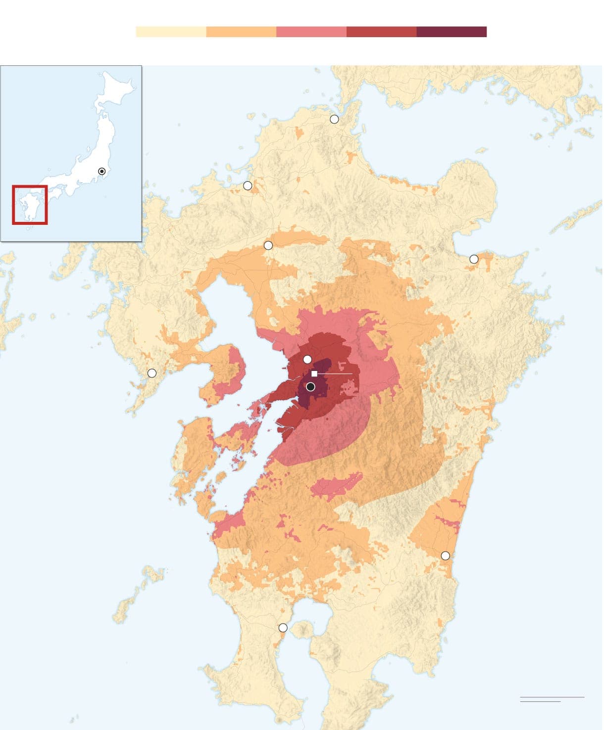 A shakemap of Kyushu, Japan, showing concentric intensity bands radiating from the earthquake epicentre near Uto.