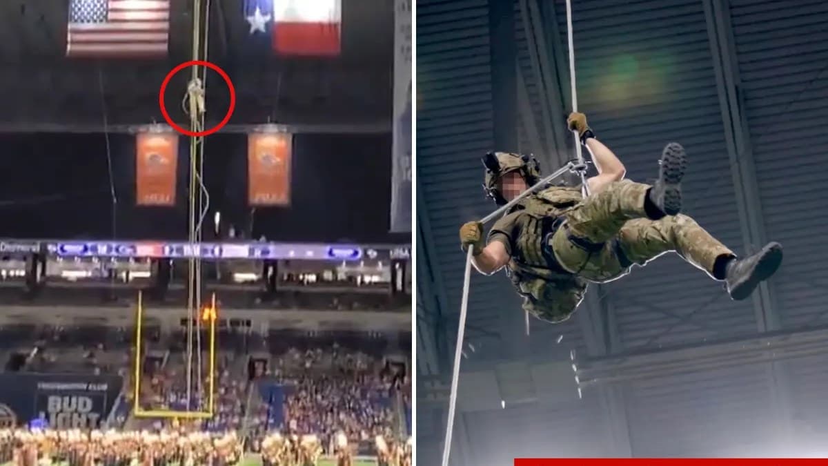 Two-panel image: the inside of the Alamodome during a football game with a circle marking a figure on a rope high above the field, and a service member in camouflage descending a rope.