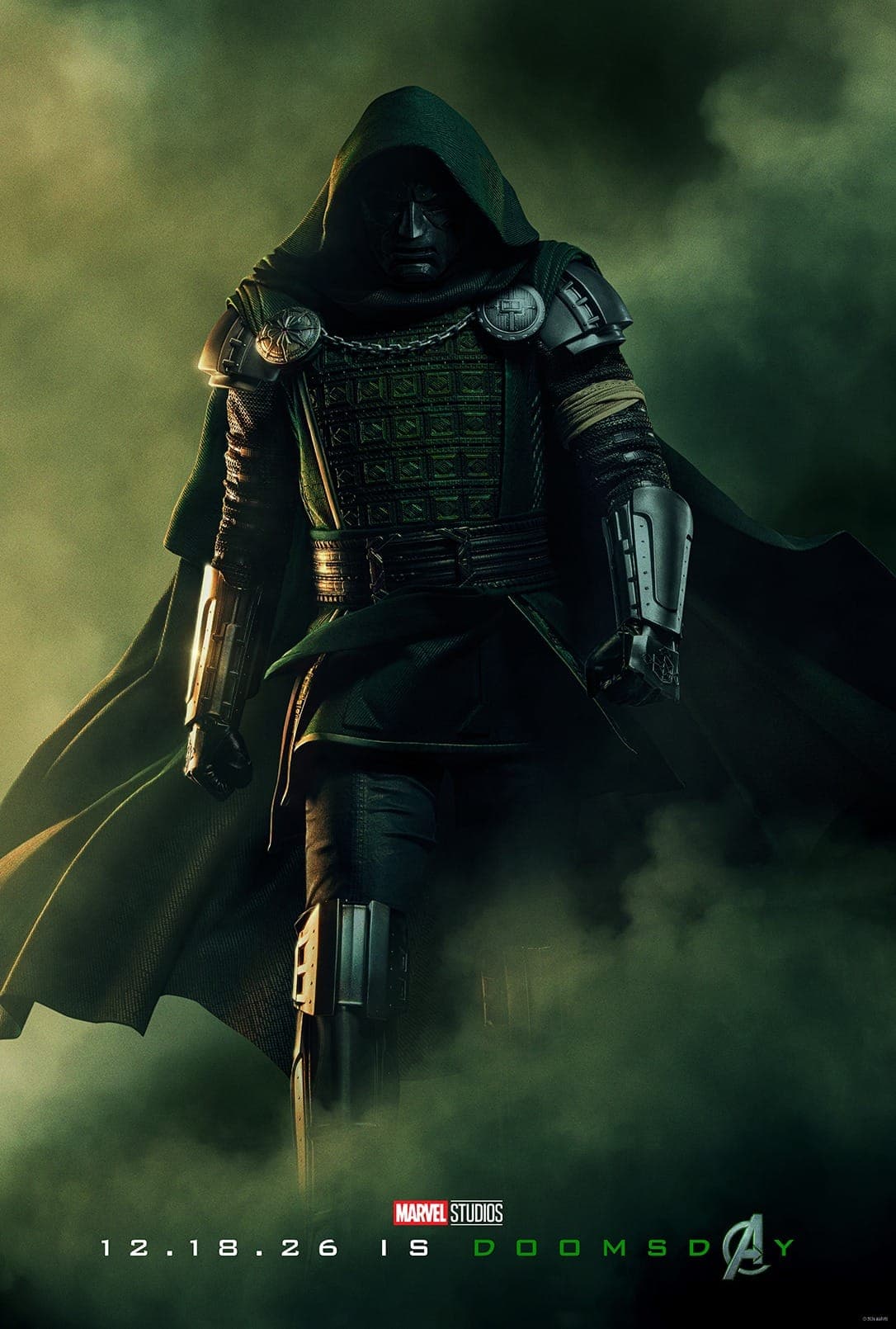 Doctor Doom in a hooded green cloak and metal armor on the Avengers: Doomsday poster.