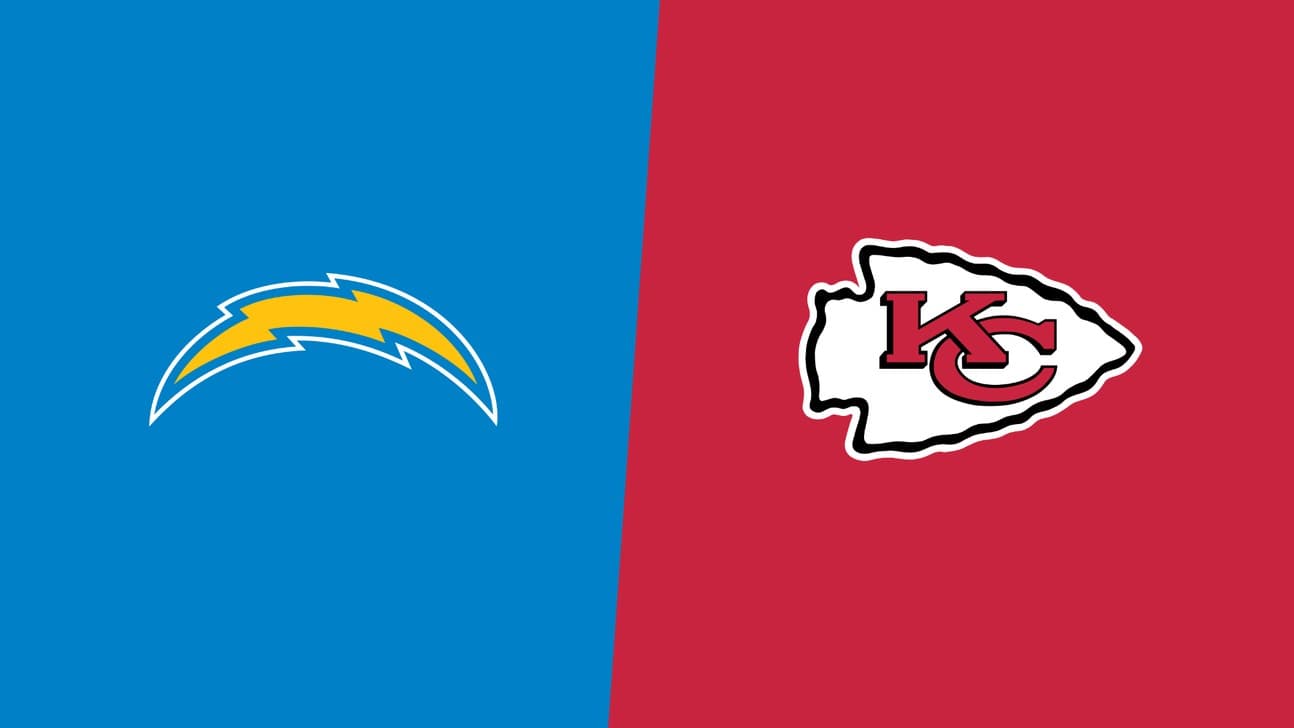 Matchup graphic: the Chargers lightning bolt on powder blue and the Chiefs arrowhead logo on red.