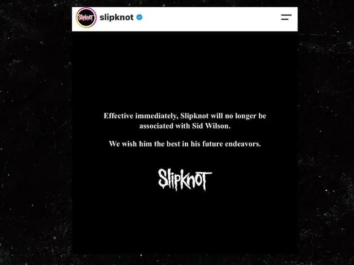 A black graphic bearing the Slipknot logo and a short statement announcing the band will no longer be associated with Sid Wilson.