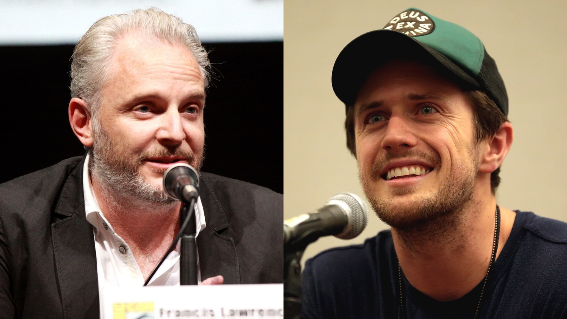 Side-by-side photos: director Francis Lawrence, grey-haired and bearded, speaking into a microphone at a Comic-Con panel, and author Pierce Brown in a green-and-black cap, smiling at a convention panel.