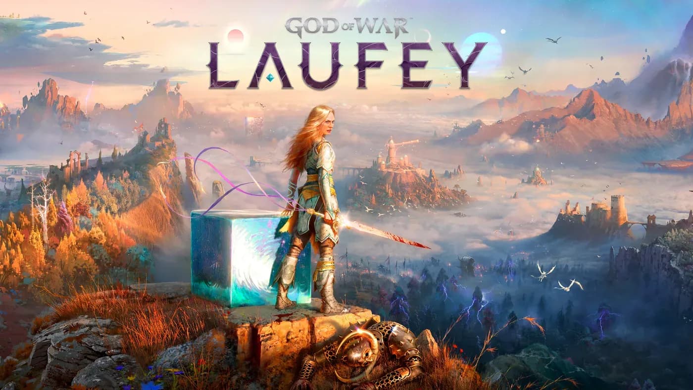 Key art for God of War: Laufey showing the character standing on a cliff overlooking a Norse landscape.