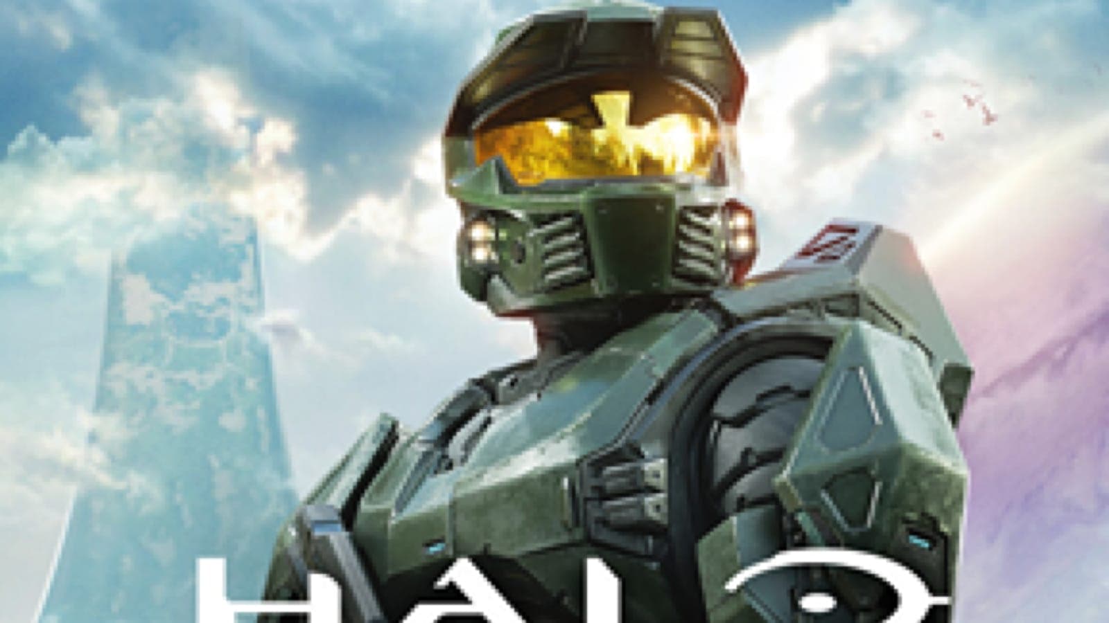 Master Chief in green Mjolnir armour holding a pistol, with a Halo ring and forest landscape behind him.
