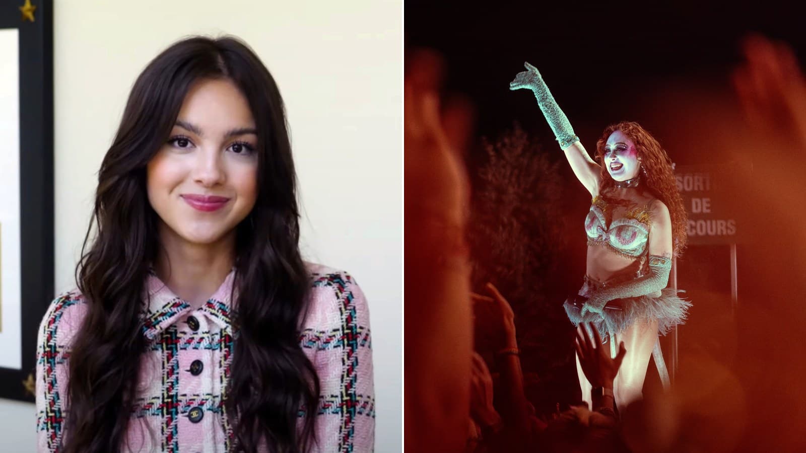 Side-by-side photos: Olivia Rodrigo smiling in a pink tweed jacket, and Chappell Roan on stage in a sparkly costume with one arm raised over a crowd.