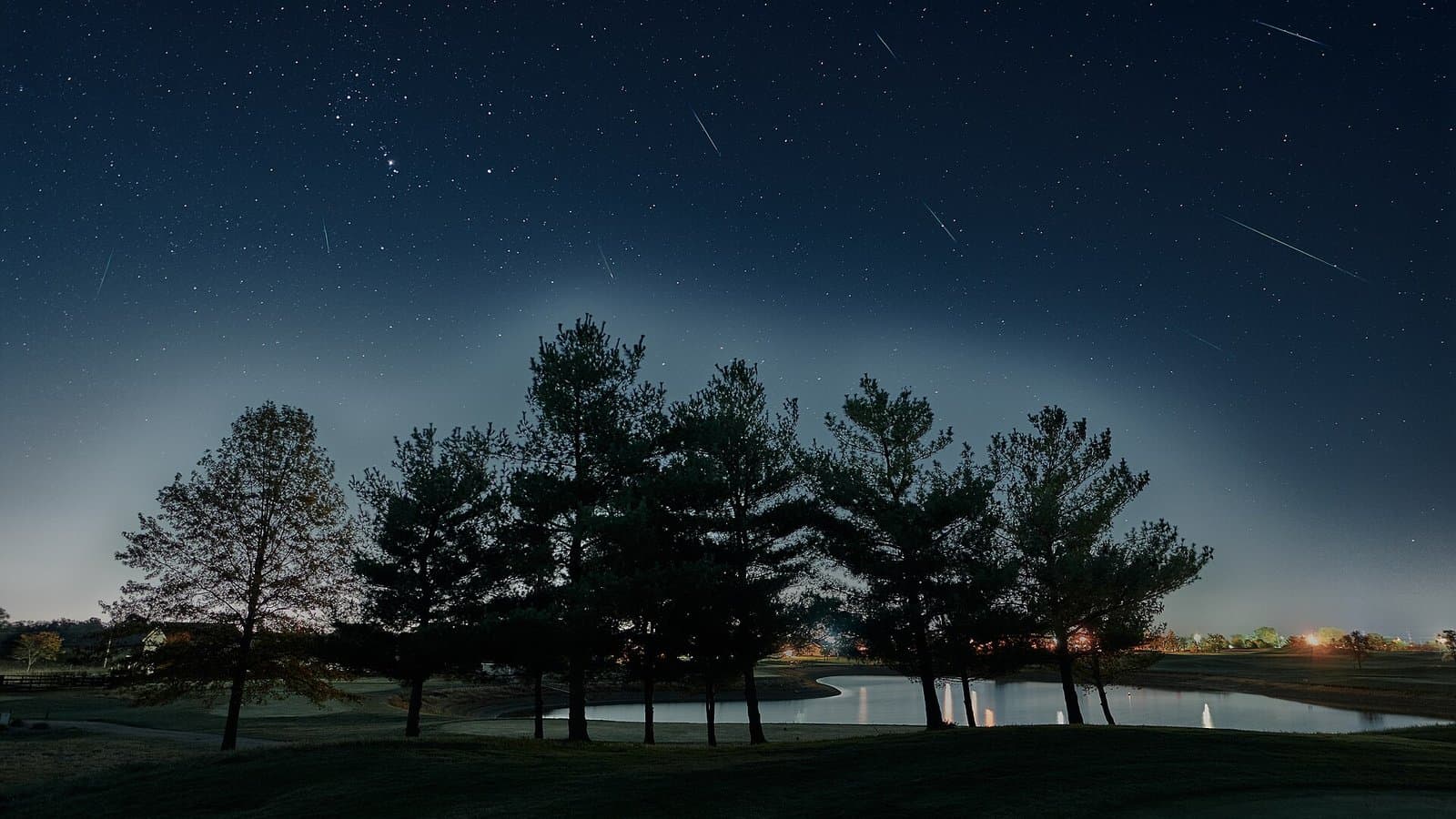 Faint Orionid meteor streaks across a starry blue night sky above a silhouetted line of trees and a pond.