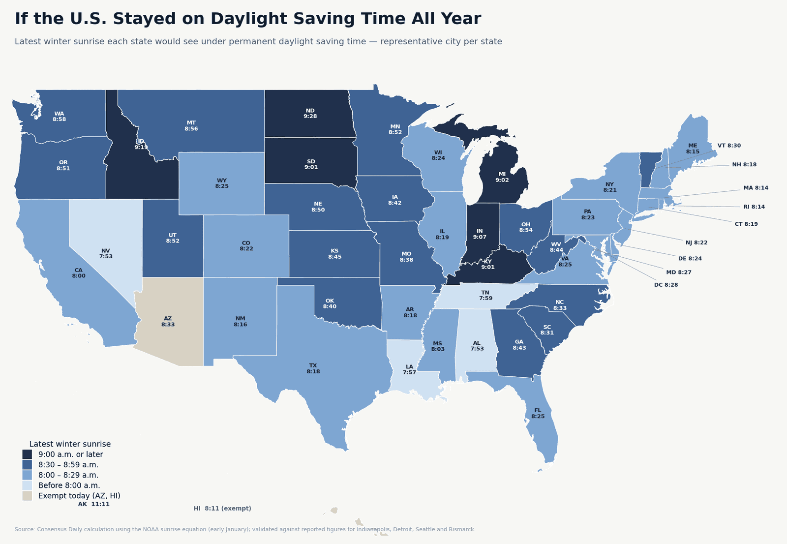 If the Clocks Never Fall Back: A State-by-State Map of Winter Sunrises Under Permanent Daylight Saving Time
