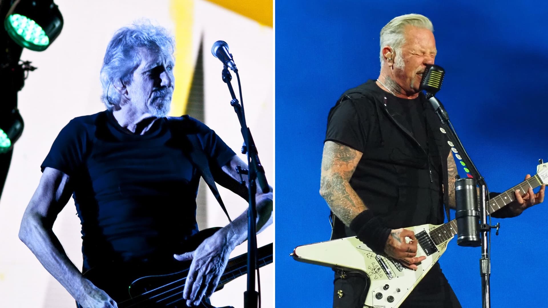 Side-by-side photos: Roger Waters, white-haired in a black T-shirt, playing bass at a microphone on stage; James Hetfield, in a black vest, singing into a vintage microphone while playing a white Flying V guitar against a blue backdrop.