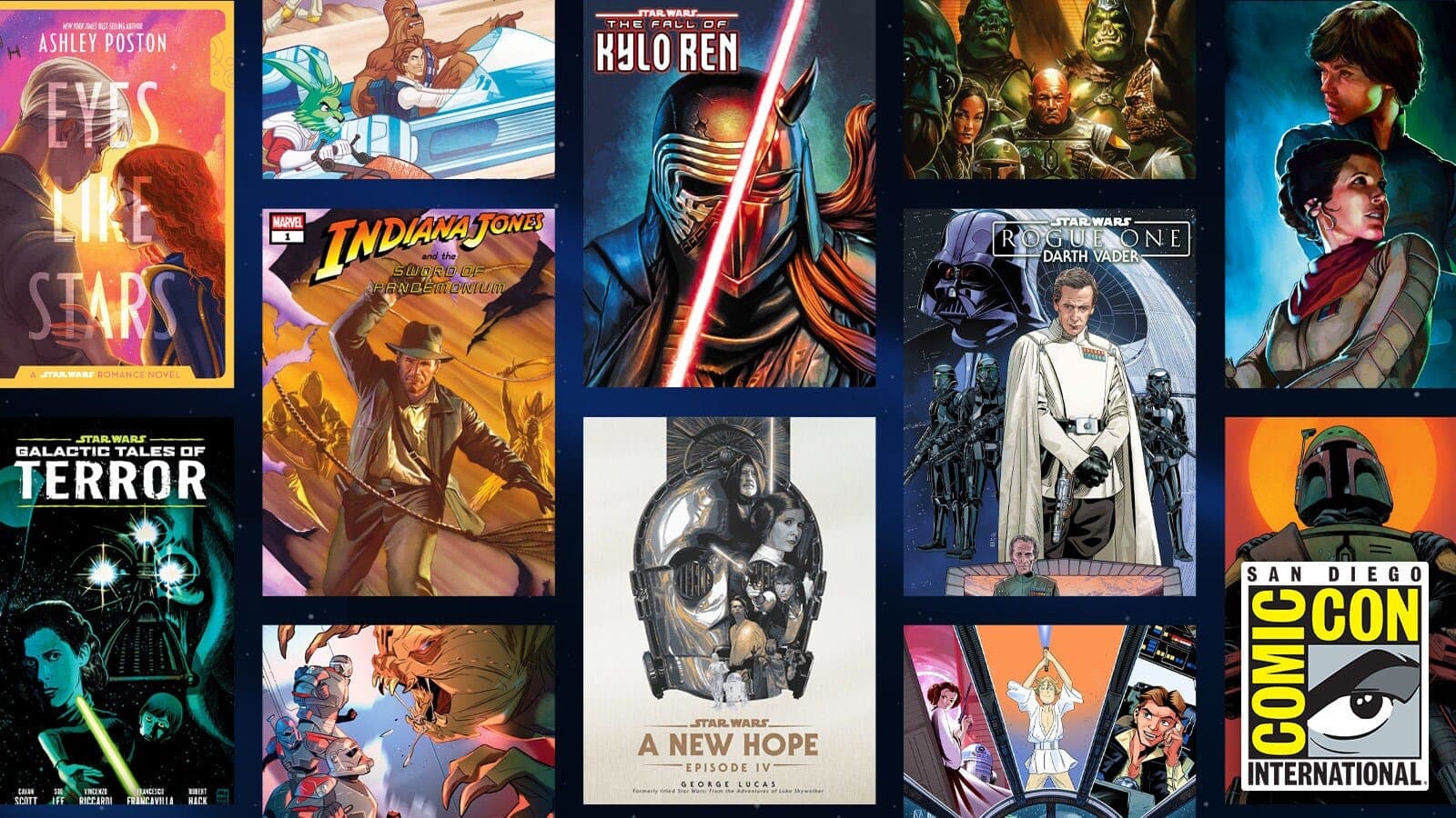Collage of Star Wars book and comic covers announced at the Lucasfilm Publishing panel at San Diego Comic-Con 2026.
