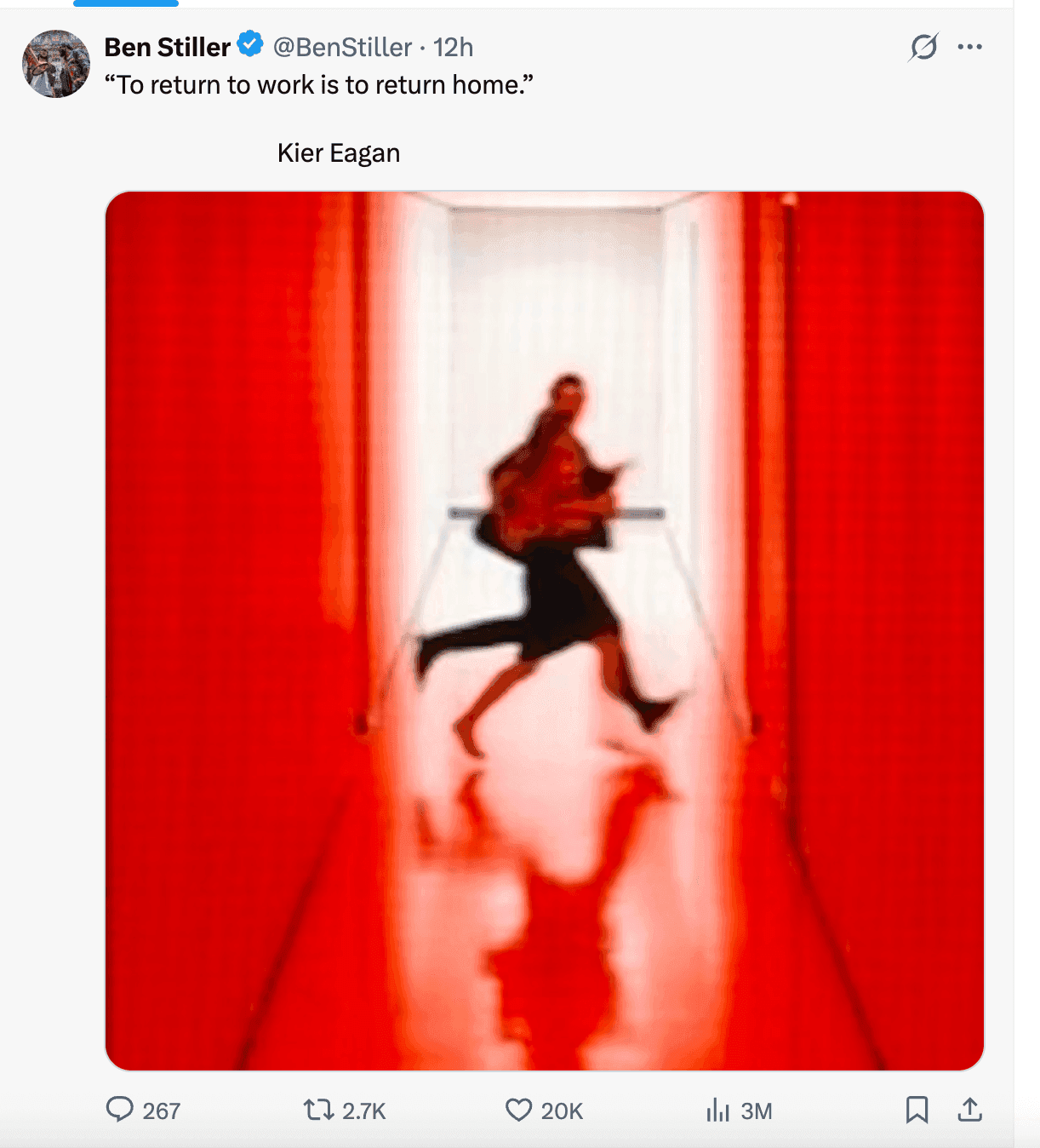 Ben Stiller's post on X quoting Kier Eagan, with a blurry image of two figures running down a red Lumon corridor.