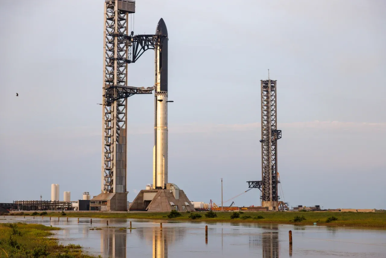 SpaceX Starship Flight 13 stacked on the launch mount at Starbase in southern Texas on July 23, 2026.