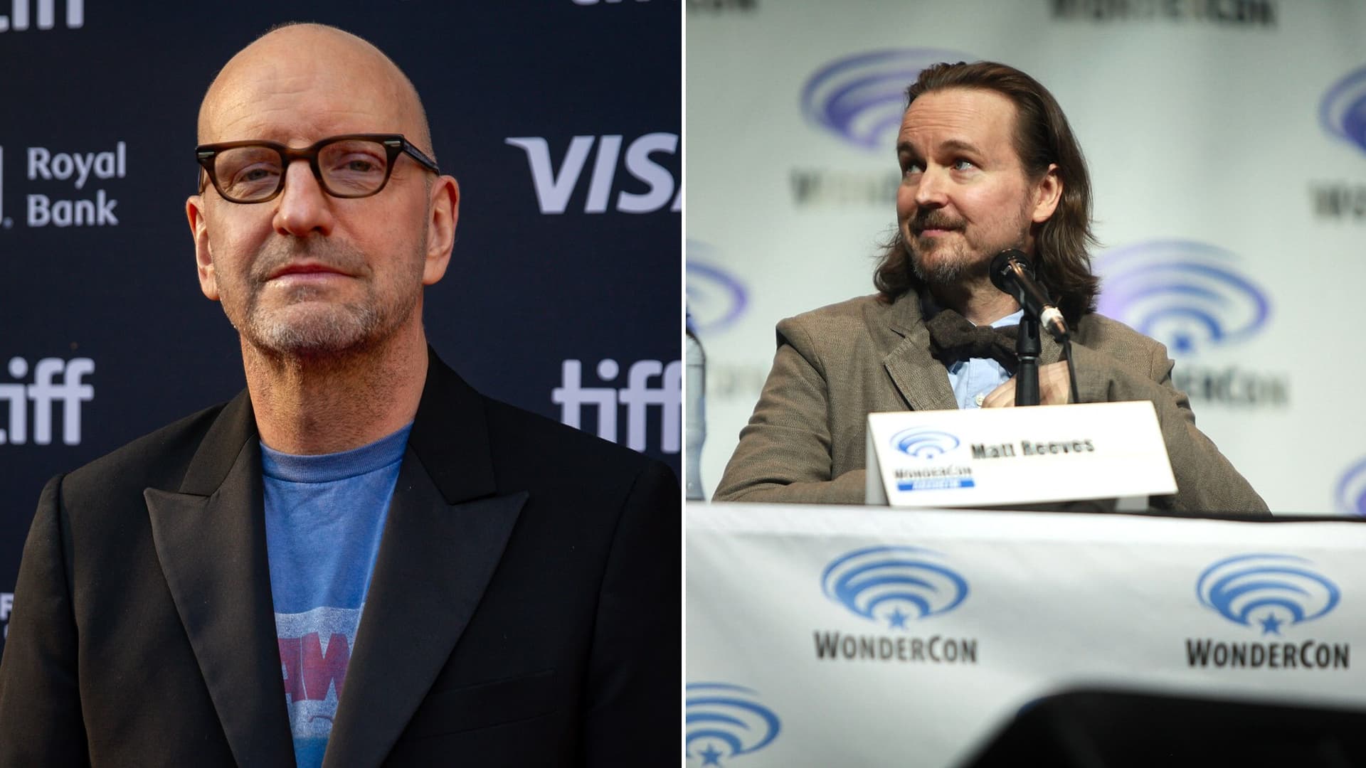 Side-by-side file photos: director Steven Soderbergh in glasses and a black jacket on a festival red carpet, and director Matt Reeves seated at a WonderCon panel table behind a microphone.