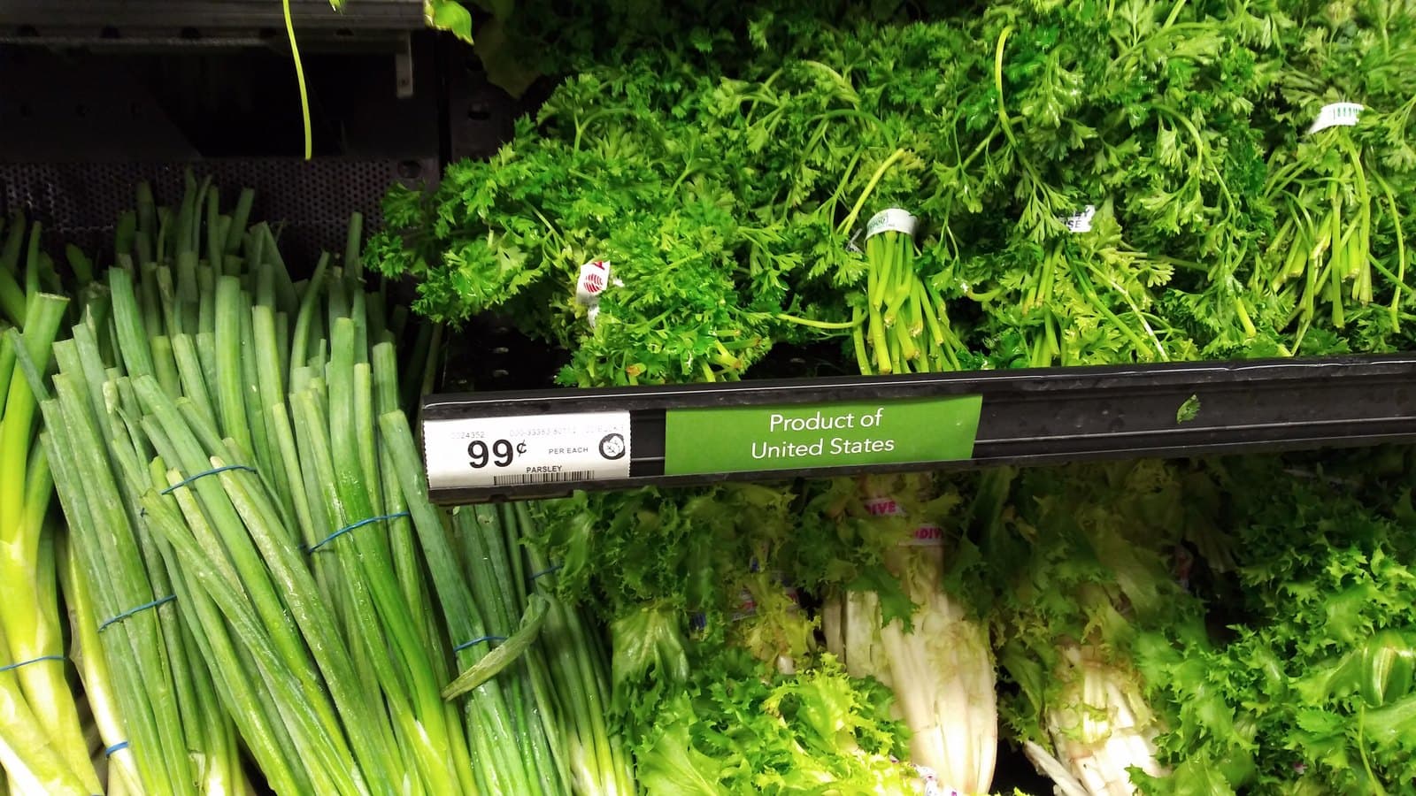 Bunches of green onions and parsley on a supermarket produce shelf, with a white price tag reading 99 cents and a green Product of United States label on the shelf edge.