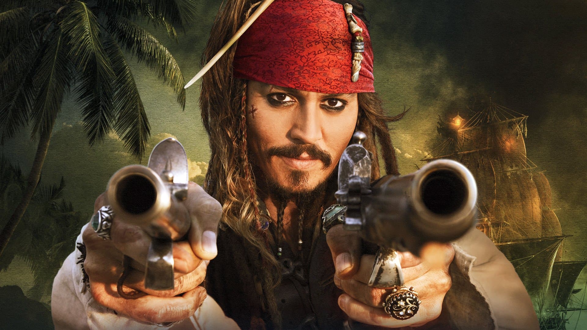 Johnny Depp in costume as Captain Jack Sparrow, holding two flintlock pistols.