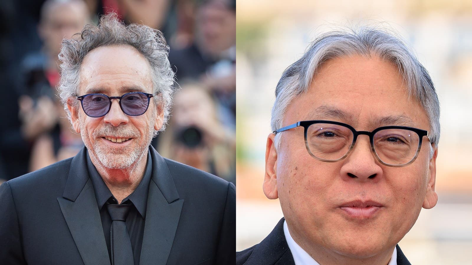 Side-by-side portraits: director Tim Burton in tinted glasses and a black suit on a red carpet, and novelist Kazuo Ishiguro in dark-rimmed glasses at a photocall.