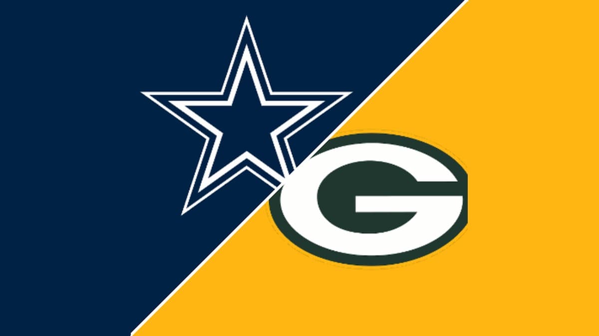 Matchup graphic split diagonally: the Dallas Cowboys star on navy and the Green Bay Packers G logo on gold.