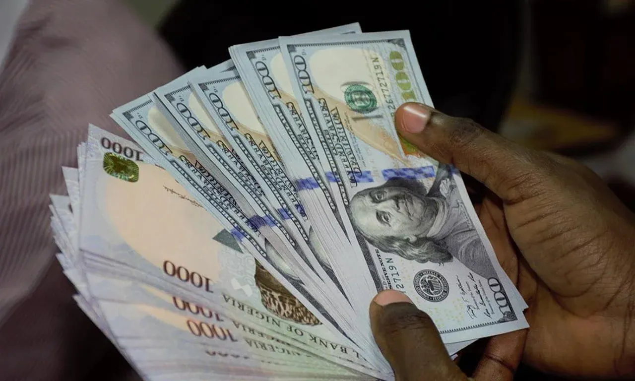A person counting US dollar bills and Nigerian naira notes.