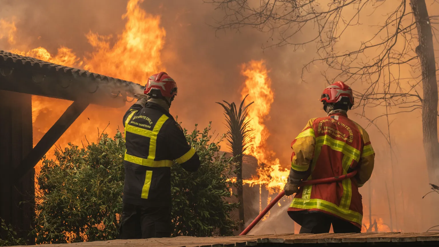 Firefighters working against a wall of flames at night in south-western France.
