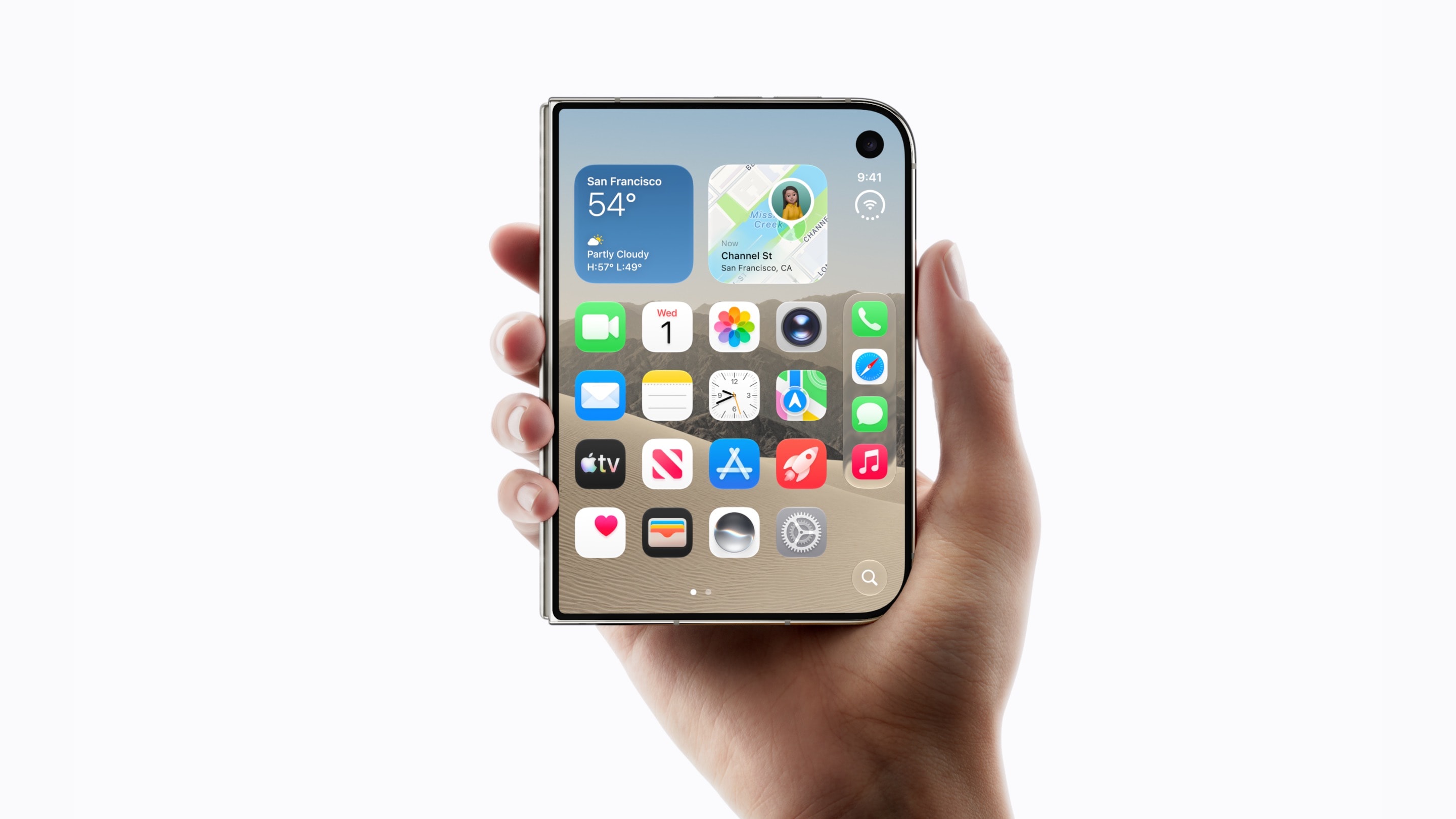 A hand holding the iPhone Duo partly unfolded, showing its inner display with app icons.