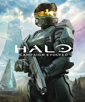 Master Chief in green Mjolnir armour holding a pistol, with a Halo ring and forest landscape behind him.