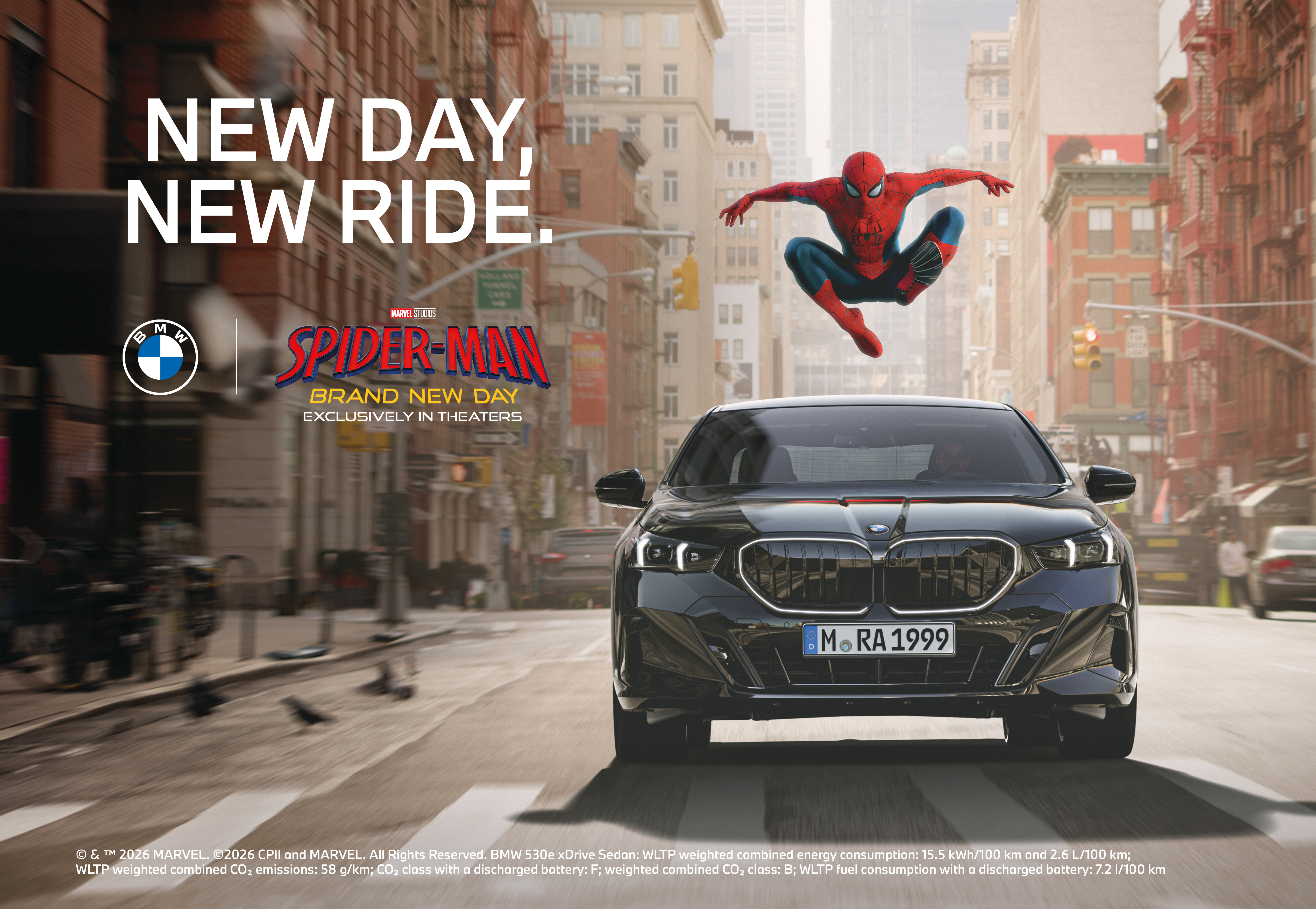 A BMW driving down a city street with Spider-Man leaping above it, captioned New Day New Ride.