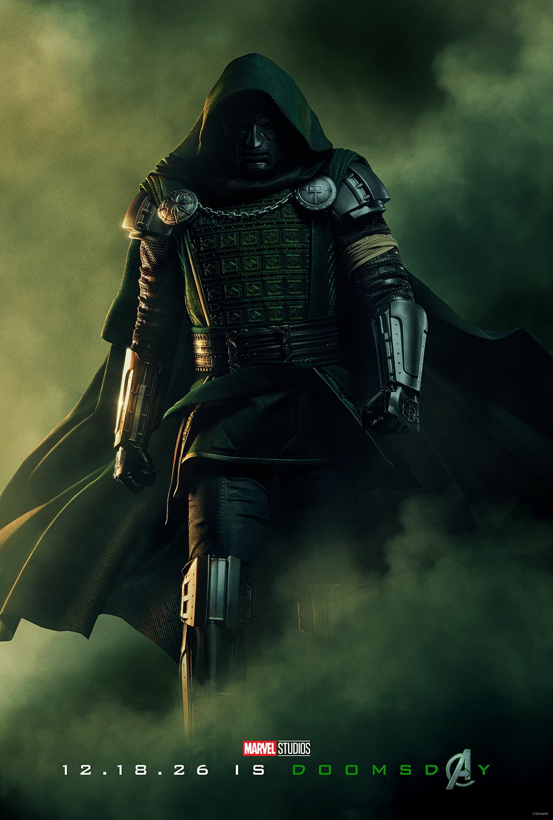 Doctor Doom in a hooded green cloak and metal armor on the Avengers: Doomsday poster.