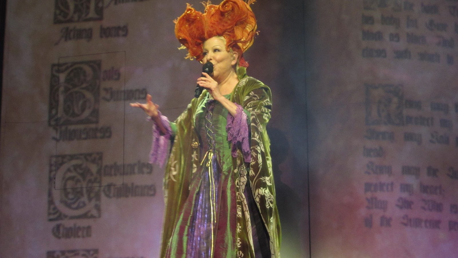 Bette Midler on stage in a Winifred Sanderson costume with a towering orange wig and a green and purple velvet gown, singing into a microphone.