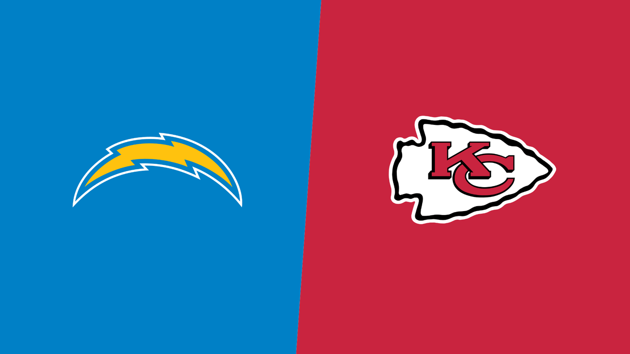 Matchup graphic: the Chargers lightning bolt on powder blue and the Chiefs arrowhead logo on red.
