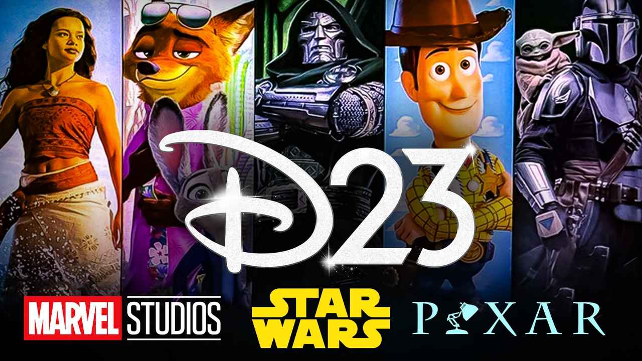D23 2026 key art featuring the D23 logo over Disney, Marvel, Star Wars and Pixar characters.