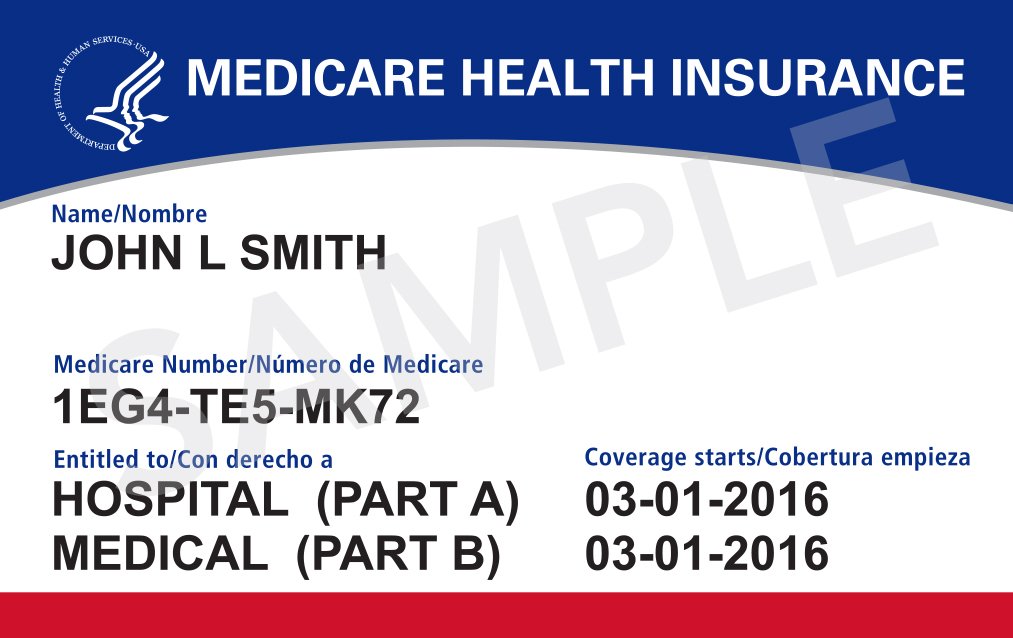 A sample red, white and blue Medicare Health Insurance card for John L Smith showing Part A and Part B coverage, marked SAMPLE.