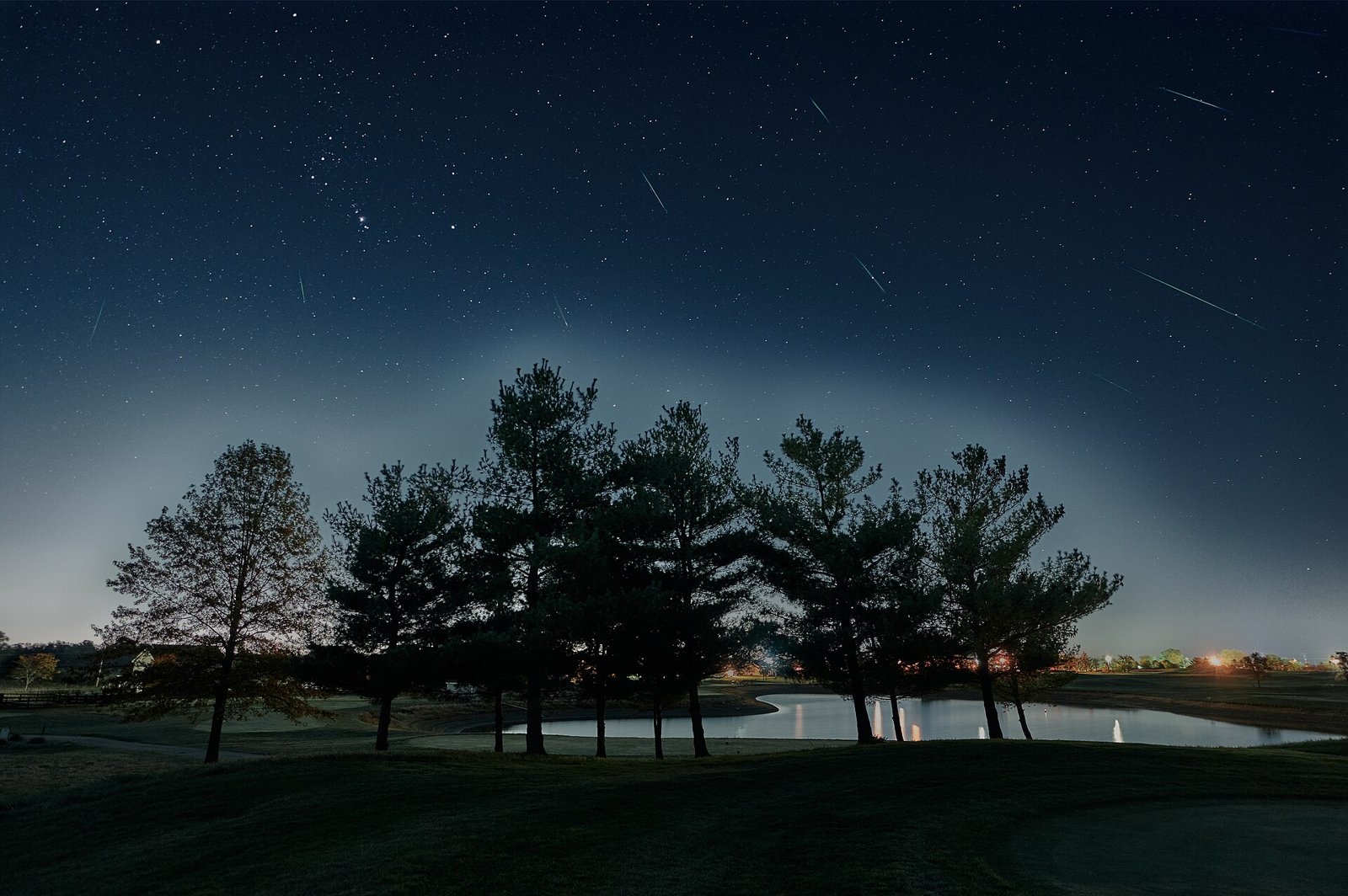 Faint Orionid meteor streaks across a starry blue night sky above a silhouetted line of trees and a pond.
