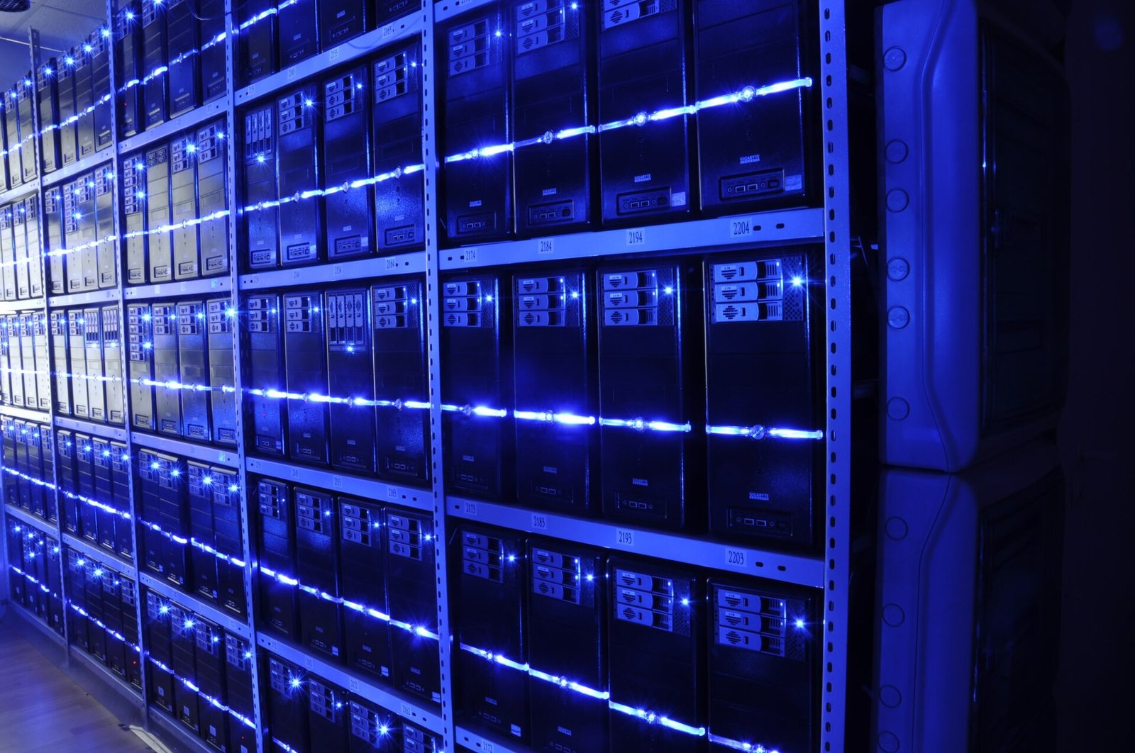 Rows of server racks lit in blue inside a data center server room.