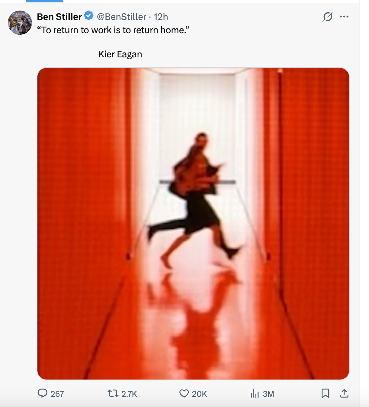 Ben Stiller's post on X quoting Kier Eagan, with a blurry image of two figures running down a red Lumon corridor.