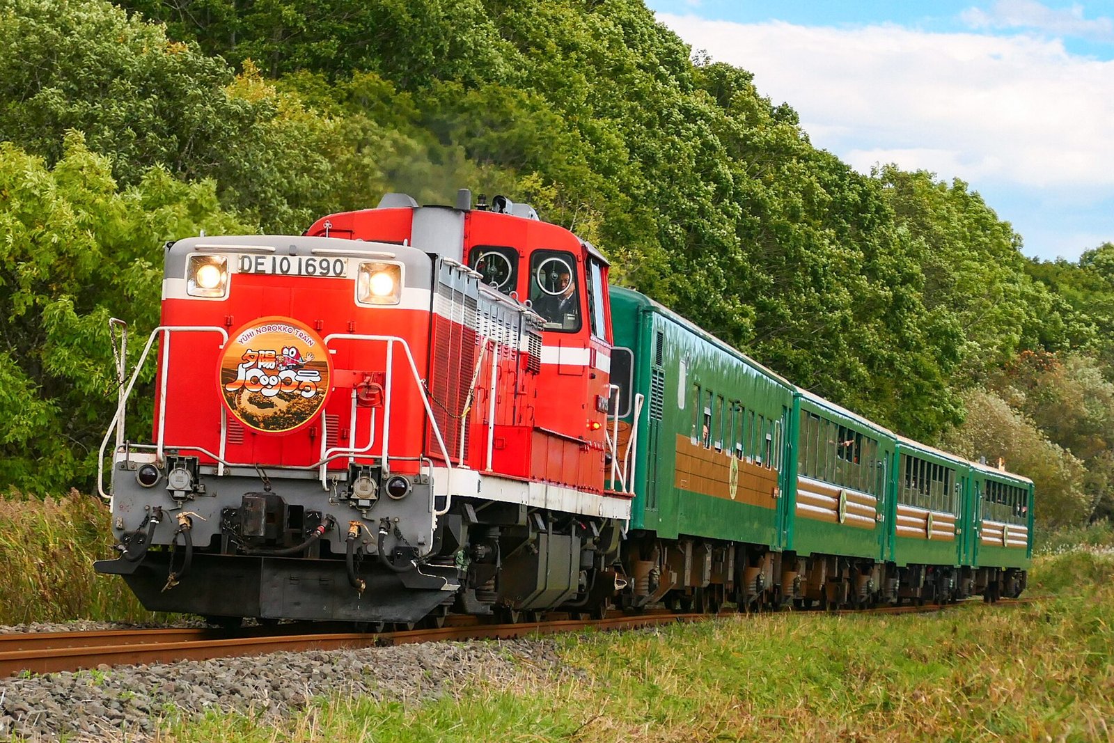 A red DE10 diesel locomotive pulling green and brown observation coaches of the Norokko sightseeing train through summer greenery in eastern Hokkaido.